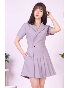 Fine Notch Collar Pleated Front Overlay Wrap Playsuit (Grey Purple)